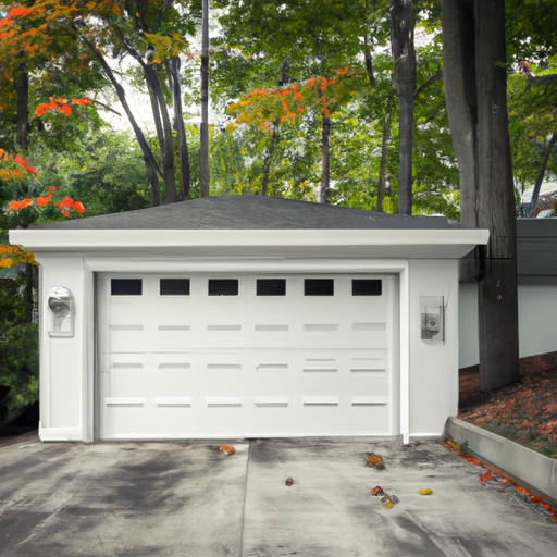 Suburban Wellesley home with a painted steel garage door, early autumn foliage, and clear driveway.
