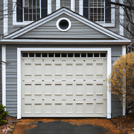 Insulated sectional garage door on a colonial-style home in Wellesley, MA with visible threshold and weatherstripping.
