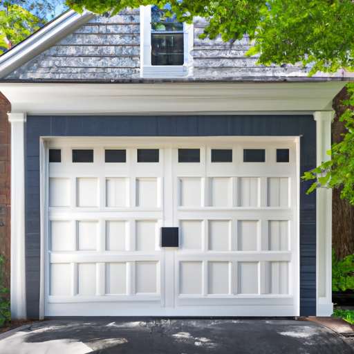 Newly installed garage door on a colonial-style Wellesley, MA home, driveway visible, no people.