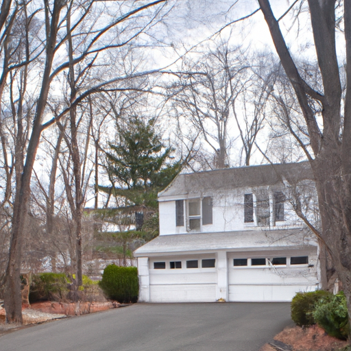 Wellesley, MA residential home with closed garage door and driveway under overcast sky.
