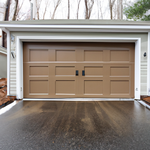 Wellesley suburban home exterior showing a modern sectional garage door on a wet, salt-streaked driveway in winter.