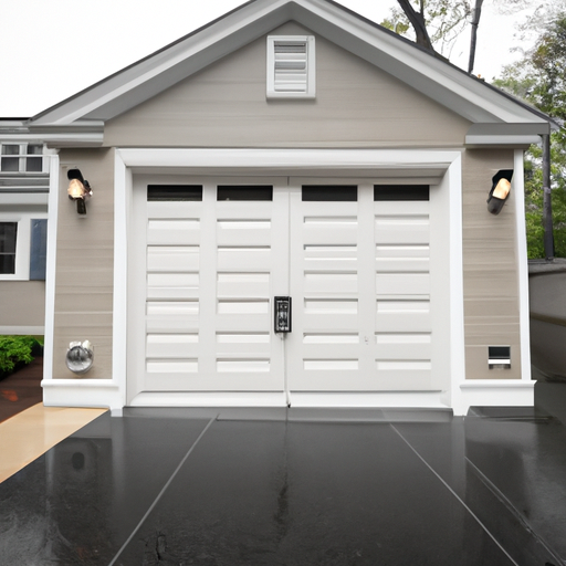 Sectional insulated steel garage door with smart keypad and camera at a colonial-style home in Wellesley, MA, overcast light.