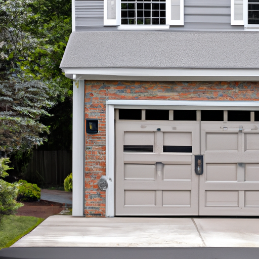 Suburban Wellesley MA detached garage with sectional garage door partially open and visible hardware, cloudy daylight.
