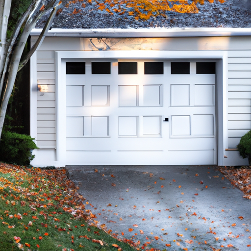 Suburban Wellesley garage exterior in autumn with visible garage door and weatherstripping.