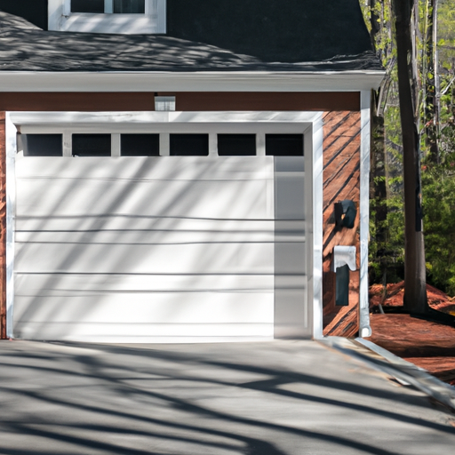 Suburban Wellesley driveway with a modern garage door slightly ajar, sensors and opener visible, morning light.