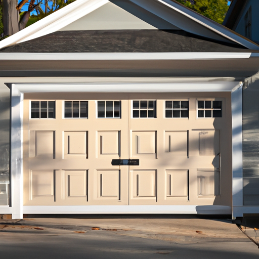 Residential garage door on a suburban Wellesley, MA home in morning light, wood-grain composite door visible, no people.