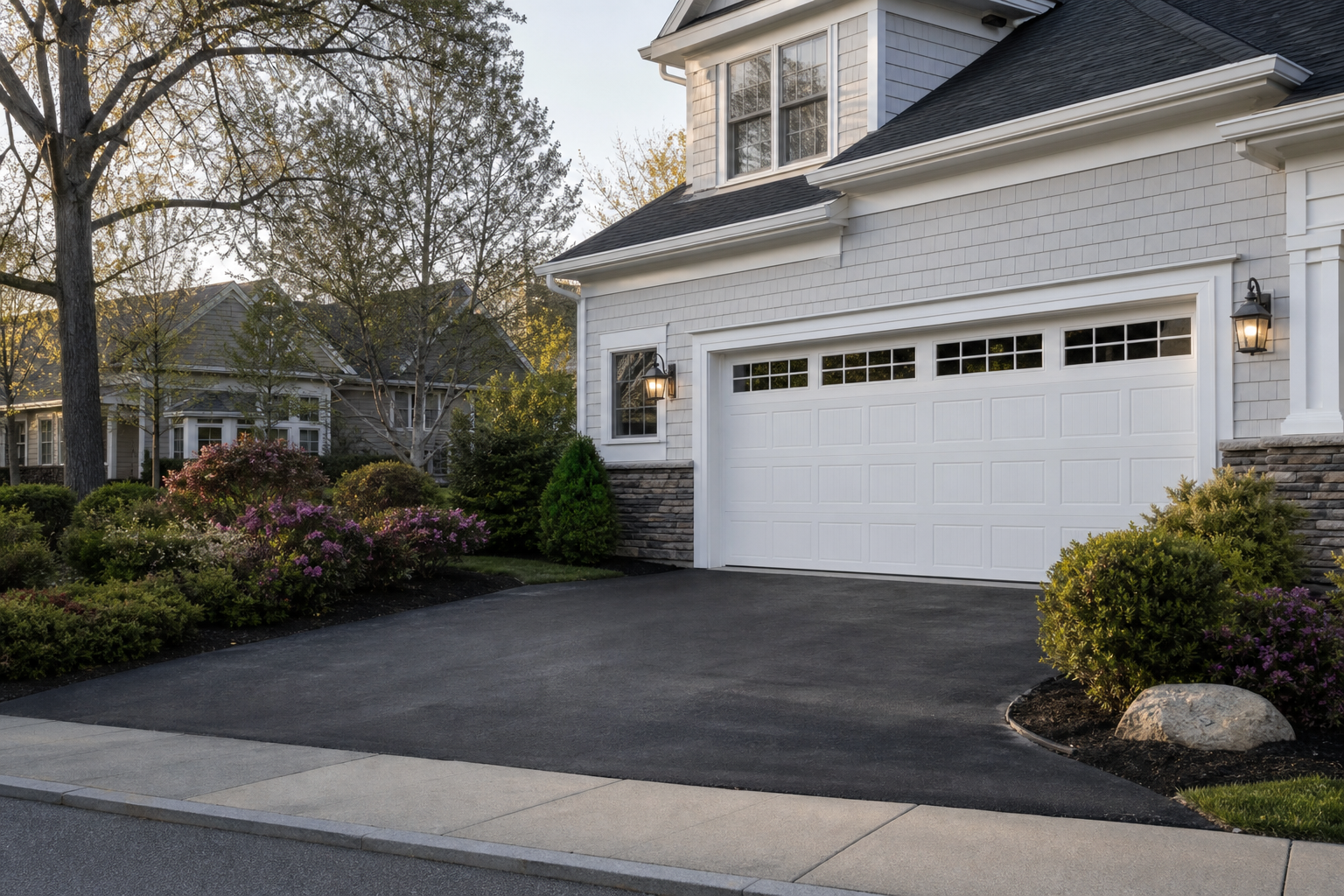 Suburban Wellesley home with a closed garage door in a quiet residential driveway